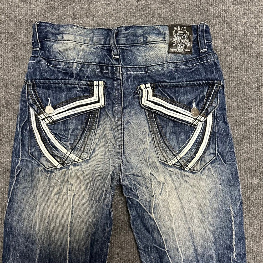 GS115 Jeans Boys Size 12 Blue Distressed Whiskered Straight Leg Flap Pocket Y2K